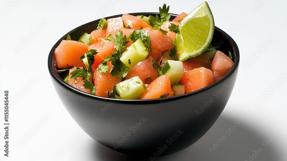 Fresh and Flavorful Vegetable Salad in Black Bowl with Lime Garnish Fresh and Flavorful Vegetable Salad in Black Bowl with Lime Garnish