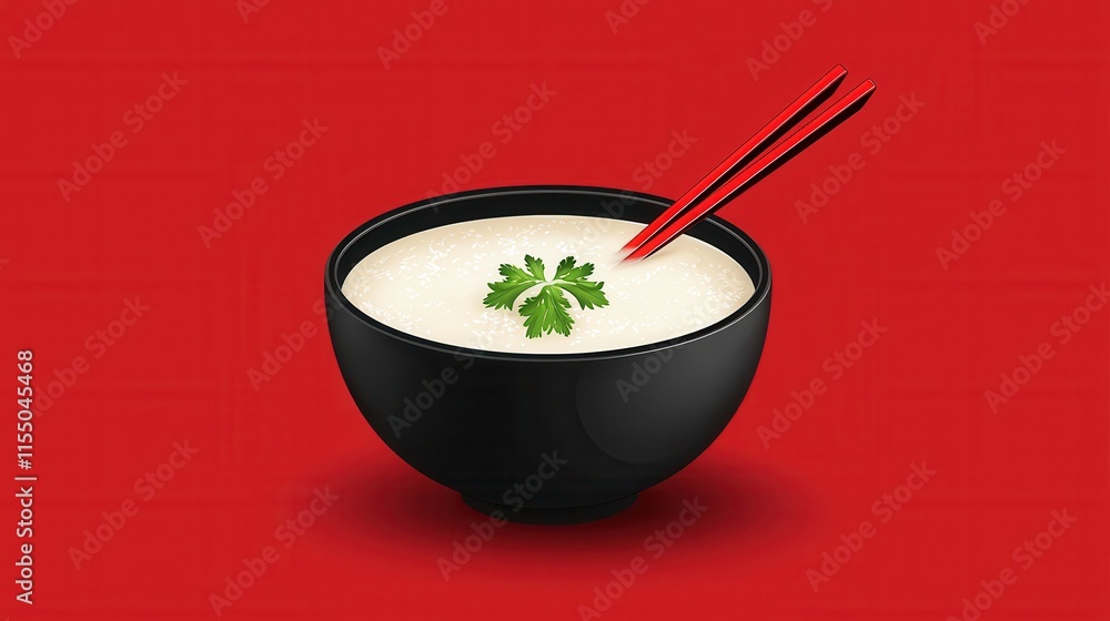 Creamy White Soup with Garnish in Black Bowl and Red Chopsticks on Red Background Creamy White Soup with Garnish in Black Bowl and Red Chopsticks on Red Background