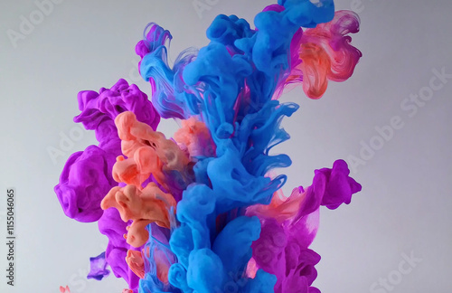 Vivid and colorful ink flowing gracefully in water, set against a crisp white background. Captured in high-resolution photography, showcasing insane detail and professional color grading for a stunnin photo