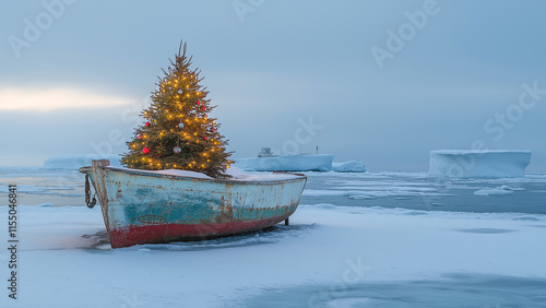 A beautifully decorated Christmas tree located on an old boat placed in the middle of a frozen ocean, with warm and vivid colors in the spirit of New Year photo