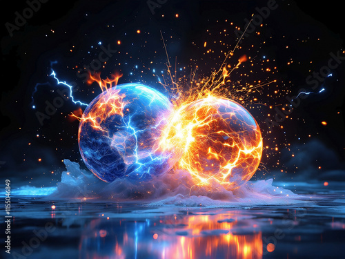 Fire and Ice Sphere with Electric Blue Lightning and Orange Flames