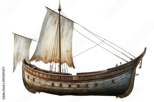 Aged wooden sailing ship with tattered sails, isolated on white background. (1) photo