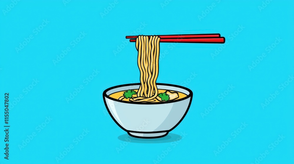 Steaming Hot Bowl of Delicious Asian Noodles with Chopsticks on Vibrant Blue Background Steaming Hot Bowl of Delicious Asian Noodles with Chopsticks on Vibrant Blue Background
