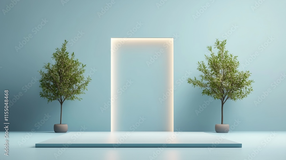 Obraz premium A modern minimalist archway with green trees on a blue backdrop.