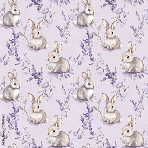 Spring seamless pattern watercolor of rabbits and lavender gentle nature scene artistic design