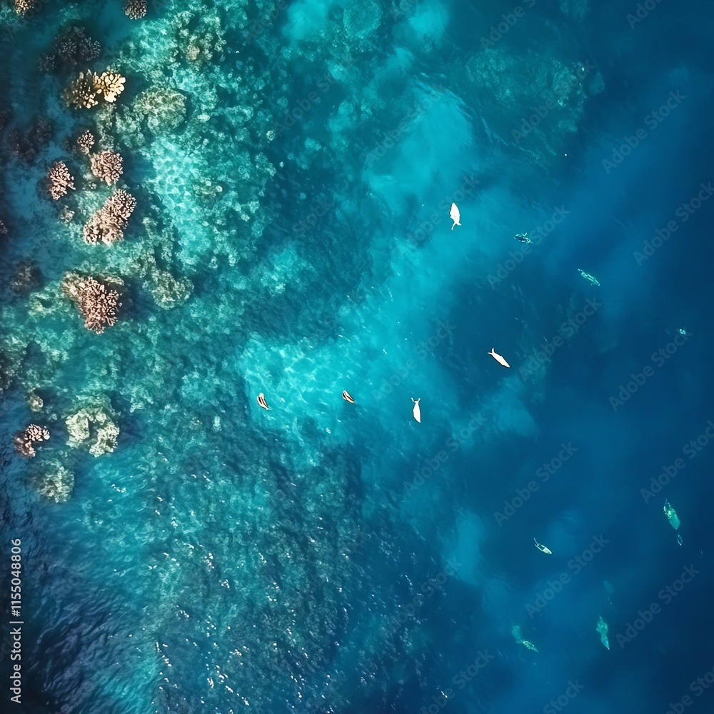 Fototapeta premium Aerial view of turquoise ocean water with rocky shoreline and several small boats. Calm sea, vibrant colors, summer vacation.