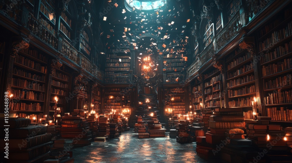 A mystical library with floating books and candles, creating an enchanting atmosphere. A mystical library with floating books and candles, creating an enchanting atmosphere.