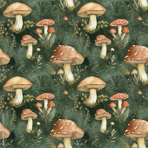 Vibrant spring seamless pattern of watercolor mushrooms nature art design greenery aesthetic organic photo