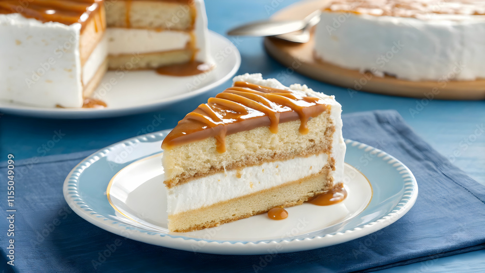 Layered Cake with Caramel Drizzle on Blue and White Plate Layered Cake with Caramel Drizzle on Blue and White Plate