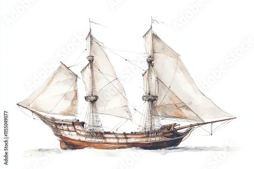 Watercolor painting of a historic sailing ship with full sails, isolated on white background. photo