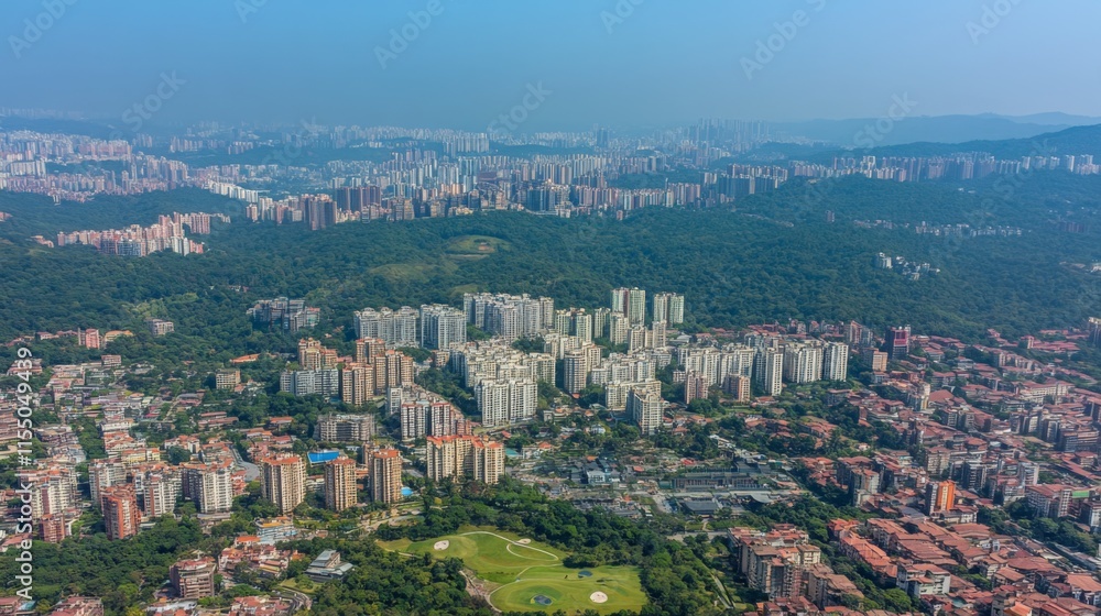 Fototapeta premium Urban Expansion and Natural Spaces Under Harsh Sunlight