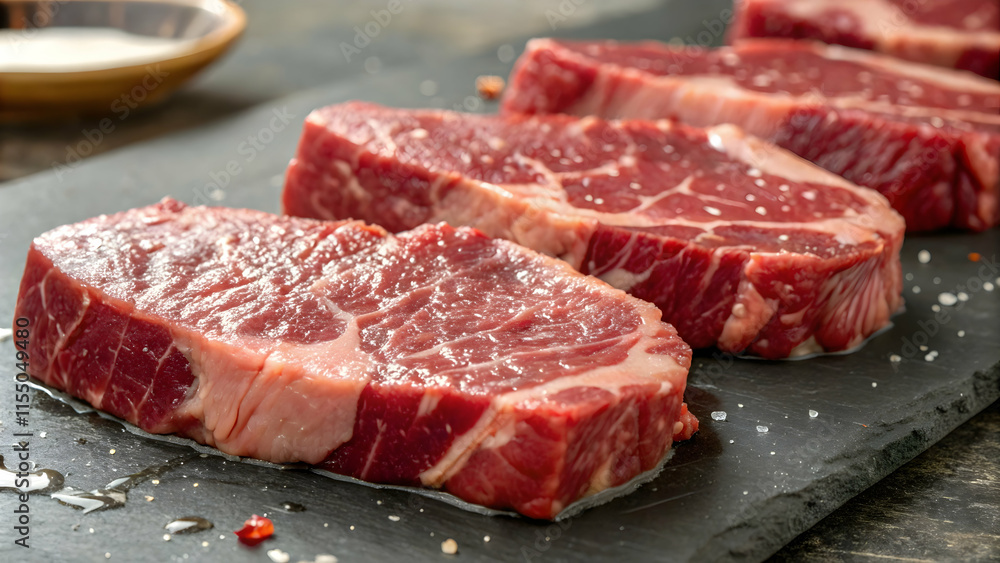 Raw Beef Steaks with Coarse Salt on Dark Slate Surface Raw Beef Steaks with Coarse Salt on Dark Slate Surface