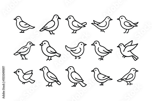 set of vector line art bird icons 