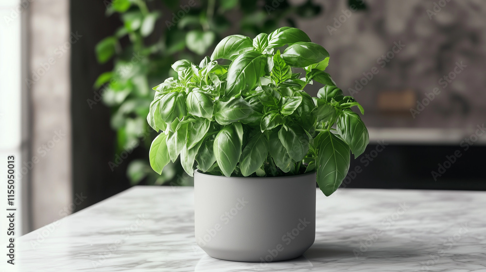 Lush basil plant in pot on a marble table in a modern contemporary interior, indoor plant, nature friendly house Lush basil plant in pot on a marble table in a modern contemporary interior, indoor plant, nature friendly house