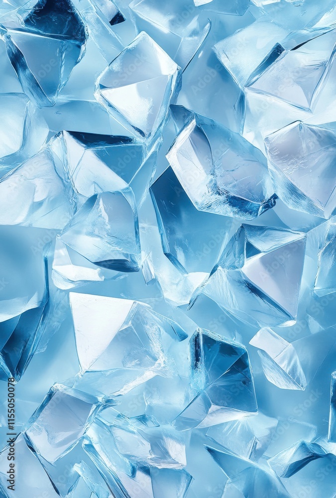 Naklejka premium Stunning Close-Up of Shimmering Ice Cubes with Unique Crystal Shapes and Translucent Blue Tones Perfect for Refreshing Beverage Backgrounds and Cooling Concepts