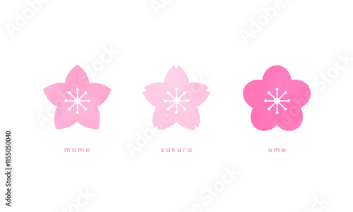 かわいい春のお花。桜と桃と梅のベクターイラストアイコンセット。