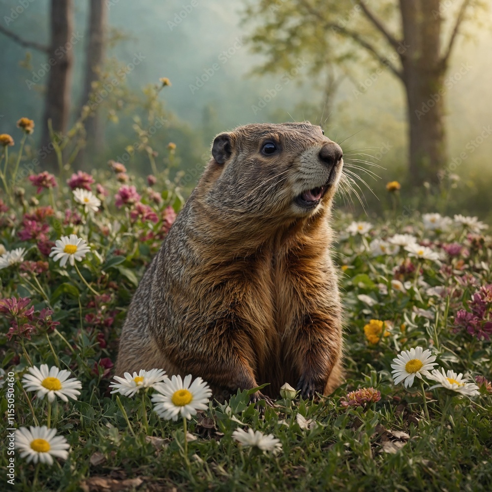Fototapeta premium A groundhog made of flowers and leaves, blending seamlessly into a springtime landscape.