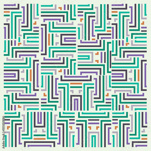 A complex, multicolored square maze on a black background with a red border, a square pattern displaying a series of red, green, and blue stripes, arranged in a visually striking manner.