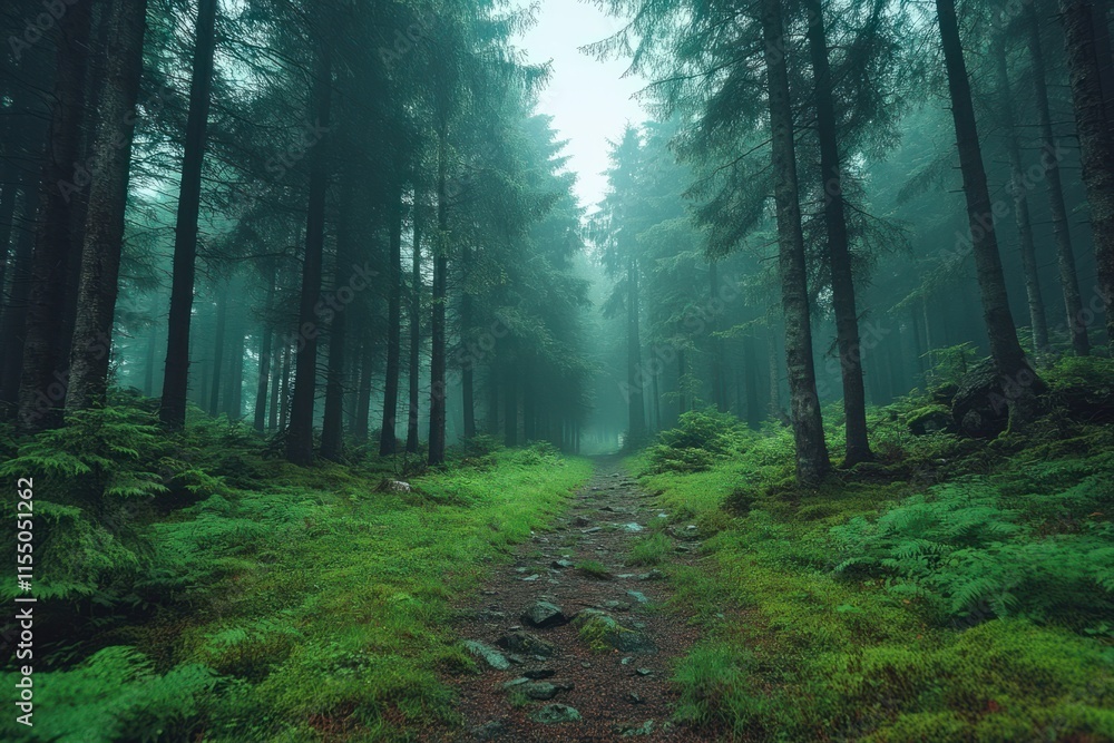 Misty forest path surrounded by tall trees and lush greenery in the early morning light