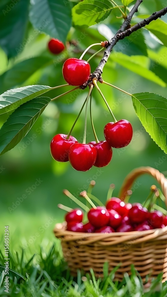 A picturesque scene of fresh, ripe cherries in a basket and on a branch, with green leaves and a blurred green background. Ideal for fruit, gardening, summer, and healthy eating contexts.