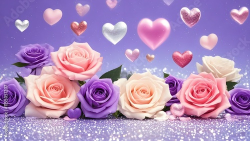 This image is romantic with pastel - colored roses and floating heart - shaped icons against a light purple, sparkly background.