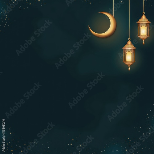 Ramadan crescent moon and lanterns on dark background. photo