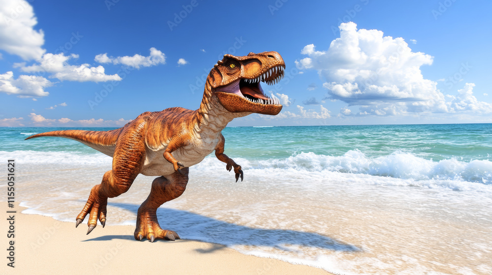 Fototapeta premium dinosaur running on sandy beach under bright blue sky, evoking sense of adventure and wonder