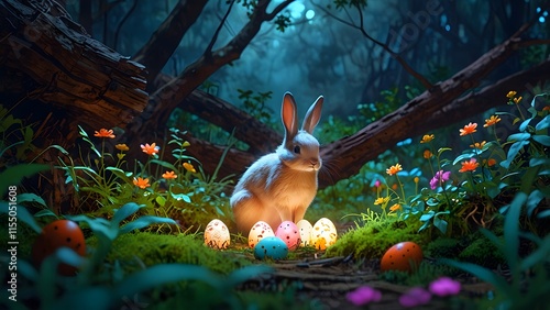 A bunny hiding eggs in a mystical forest with glowing flowers, holiday promo poster Easter sale banner background, vibrant colors, romantic love and harmony