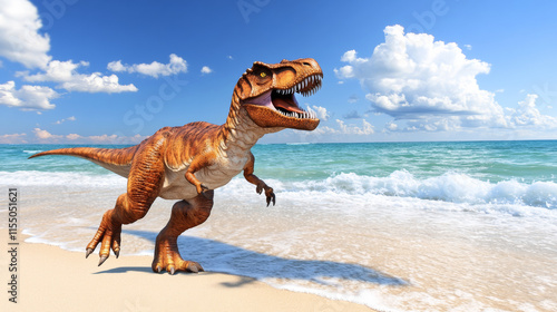Fototapeta Naklejka Na Ścianę i Meble -  dinosaur running on sandy beach under bright blue sky, evoking sense of adventure and wonder