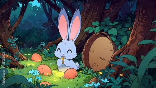 A bunny hiding eggs in a mystical forest with glowing flowers, holiday promo poster Easter sale banner background, vibrant colors, romantic love and harmony photo