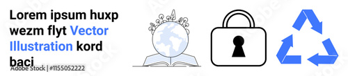 Placeholder text with icons including a globe on a book, a security lock, and a recycling symbol. Ideal for education, security, sustainability, environment, global learning, data protection