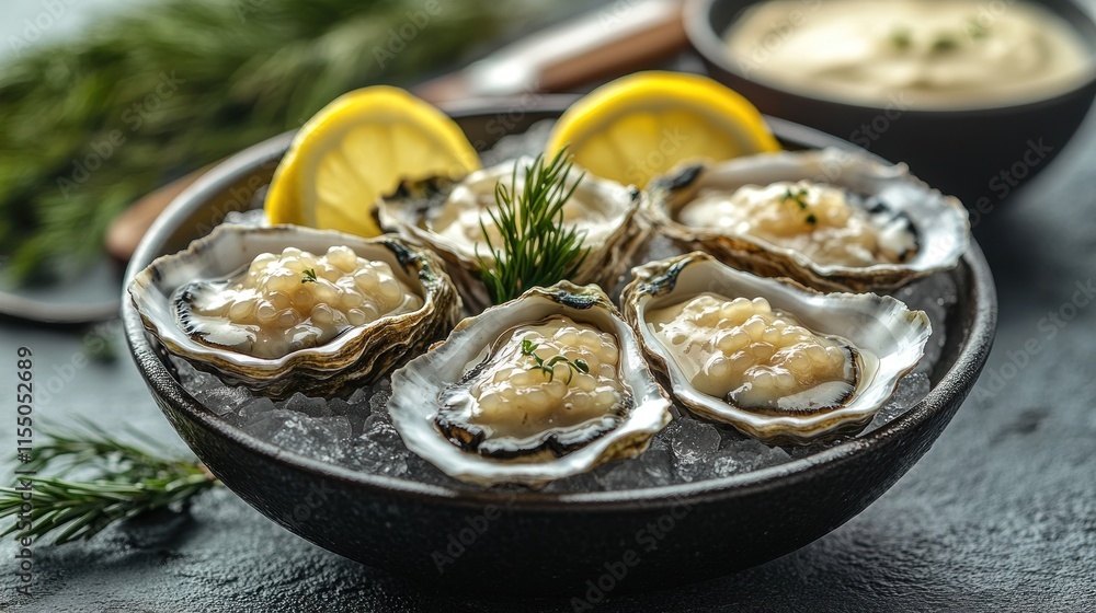 Fresh oysters on the half shell, garnished with herbs and lemon, served on ice in a bowl. Fresh oysters on the half shell, garnished with herbs and lemon, served on ice in a bowl.