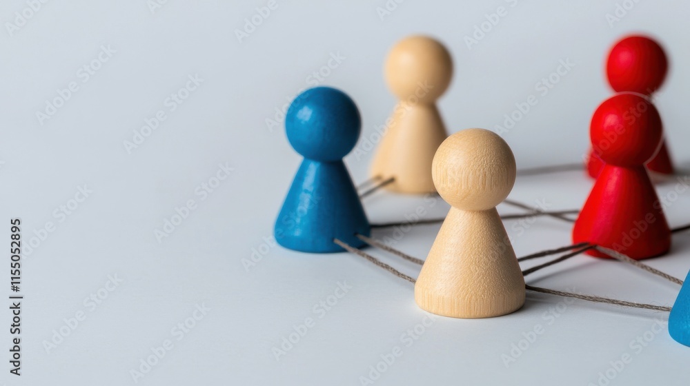 Obraz premium Wooden Figurines on a Minimalist Background Representing Teamwork Strategy and Leadership