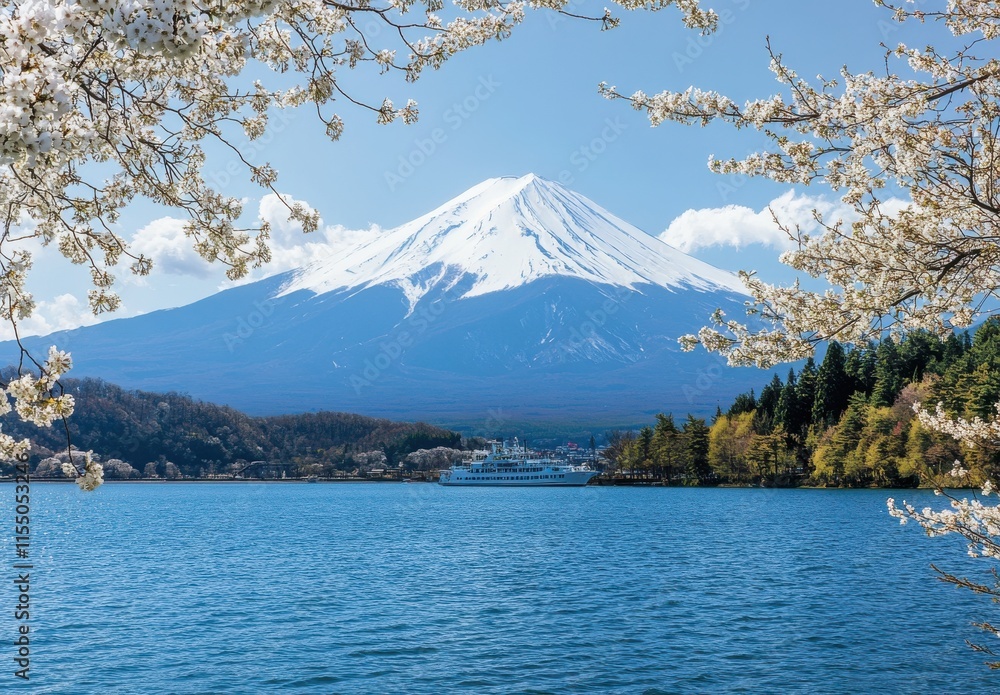 Fototapeta premium Stunning view of Mount Fuji with cherry blossoms framing a serene lake and clear blue sky, capturing the essence of spring in Japan's breathtaking landscape