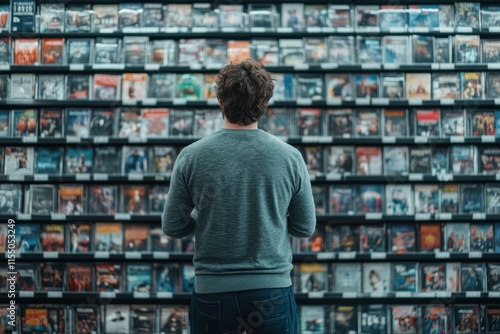 Man choosing from a wide selection of movie DVDs in a digital media store