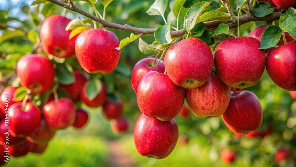 Juicy red apples hanging from a Malus hybridus tree, apples, red, tree, fruit, orchard, harvest, ripe, farm, autumn, fresh Juicy red apples hanging from a Malus hybridus tree, apples, red, tree, fruit, orchard, harvest, ripe, farm, autumn, fresh