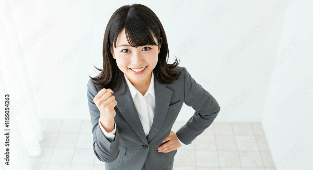 Confident Young Japanese Businesswoman in Her 20s Making a Victory Pose with a Bright Smile Confident Young Japanese Businesswoman in Her 20s Making a Victory Pose with a Bright Smile