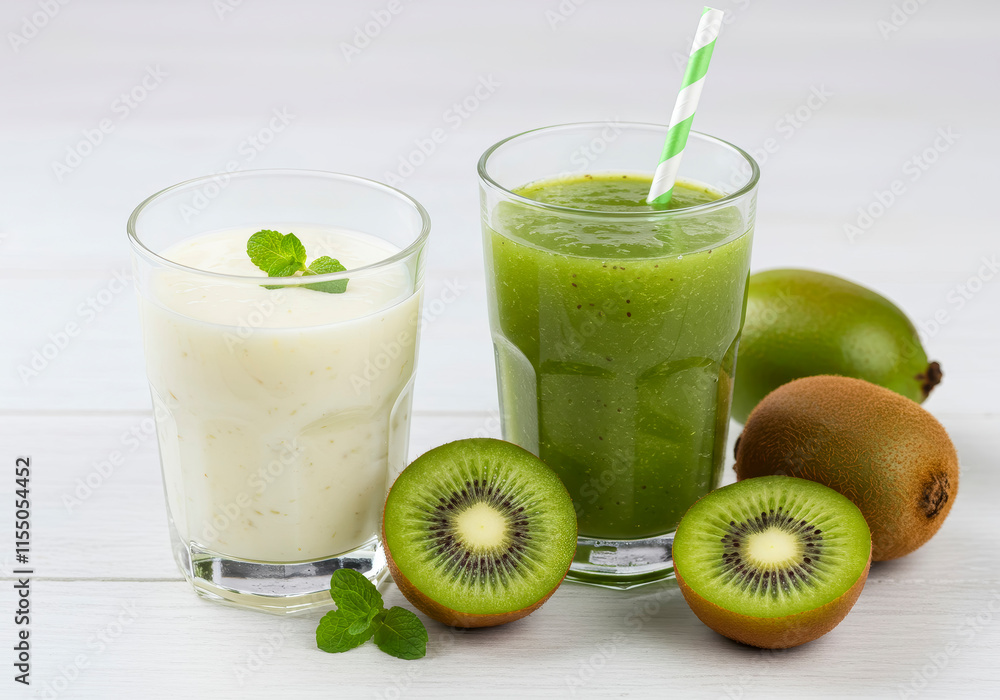 Refreshing Kiwi Yogurt Smoothie and Juice – Healthy Drink for Weight Loss on White Wooden Background Refreshing Kiwi Yogurt Smoothie and Juice – Healthy Drink for Weight Loss on White Wooden Background