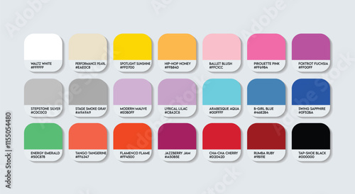 Dancer Color Guide Palette with Color Names. Catalog Samples Dancer with RGB HEX codes and Names. Metal Colors Palette Vector, Metal, Plastic Dancer Color Palette, Fashion Trend Dancer Color Palette