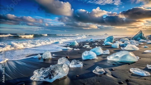 Ice rock strewn black sand beach with glacial chunks at Jokulsarlon Diamond Beach in Iceland, glacial, chunks photo