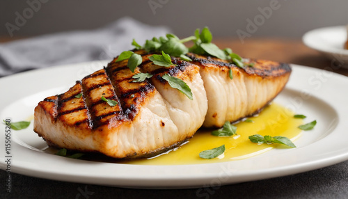 Grilled swordfish in a gourmet style in golden colors with copy space