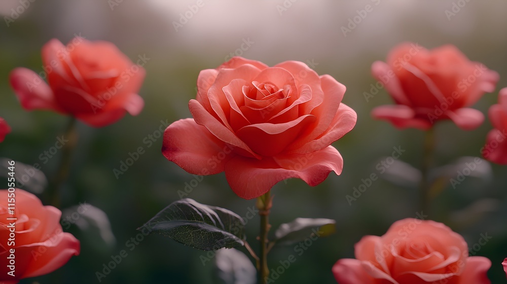 Close-up of vibrant coral roses in a lush garden Close-up of vibrant coral roses in a lush garden