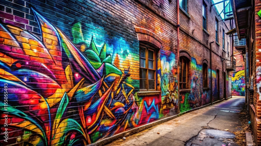 Fototapeta premium Graffiti art on a brick wall in a city alleyway, urban, street art, spray paint, vandalism, colorful