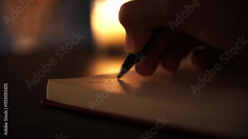 Woman's hands writing in a journal at night concept