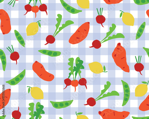 SEAMLESS DOODLE VEGETABLE PATTERN WITH GREEN PEAS, BEETROOT, LEMON AND POTATOES ON GINGHAM CHECK BACKGROUND. IDEAL FOR BABY OUTFITS, NIGHTWEAR, SLEEPWEAR. SEAMLESS VEGETABLE PATTERN IN VECTOR