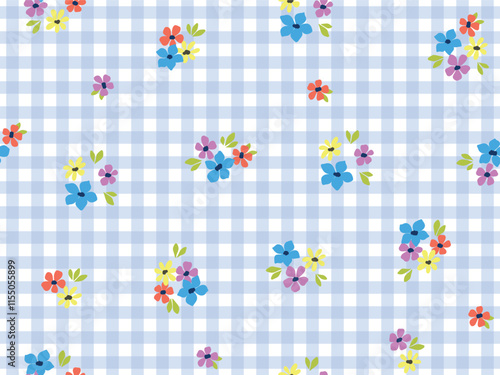 SEAMLESS FLORAL PATTERN ON GINGHAM CHECK BACKGROUND. IDEAL NIGHTWEAR, SLEEPWEAR WOMENS LINGERIES. SEAMLESS FLORAL PATTERN IN VECTOR