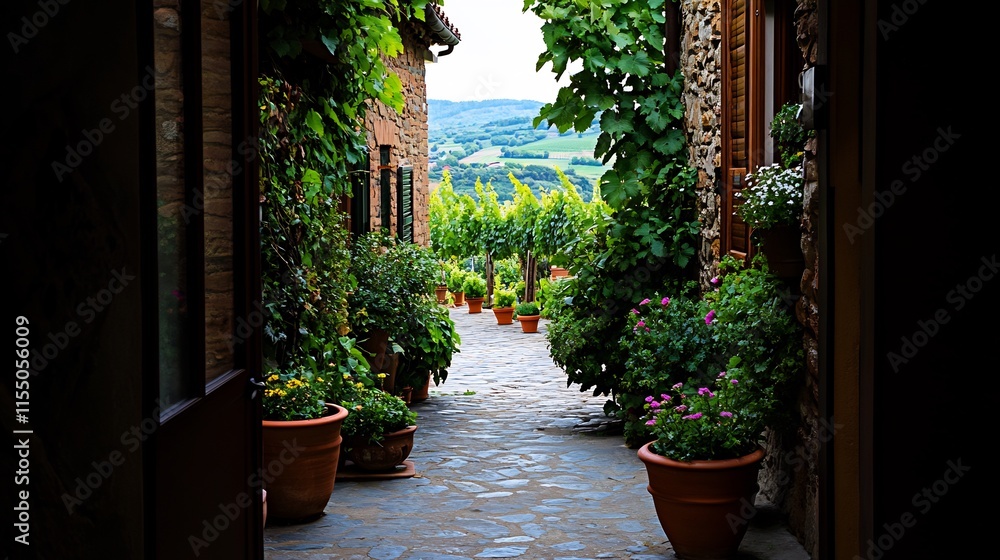 Naklejka premium Picturesque Italian Alleyway with Vibrant Greenery and Rolling Hills