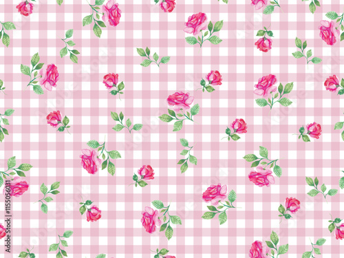 SEAMLESS ROSE PATTERN ON GINGHAM CHECK BACKGROUND. IDEAL NIGHTWEAR, SLEEPWEAR WOMENS LINGERIES. SEAMLESS ROSE PATTERN IN VECTOR