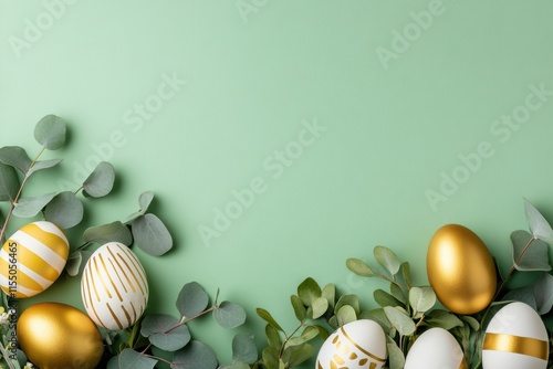 A beautiful display of decorative Easter eggs in gold and white hues is surrounded by vibrant greenery on a soft mint background, creating a cheerful and delightful spring atmosphere photo