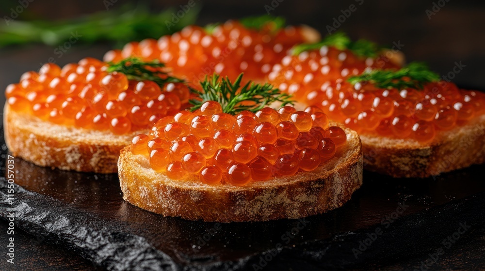 Fresh red caviar appetizers on toasted baguette slices, garnished with dill. Fresh red caviar appetizers on toasted baguette slices, garnished with dill.